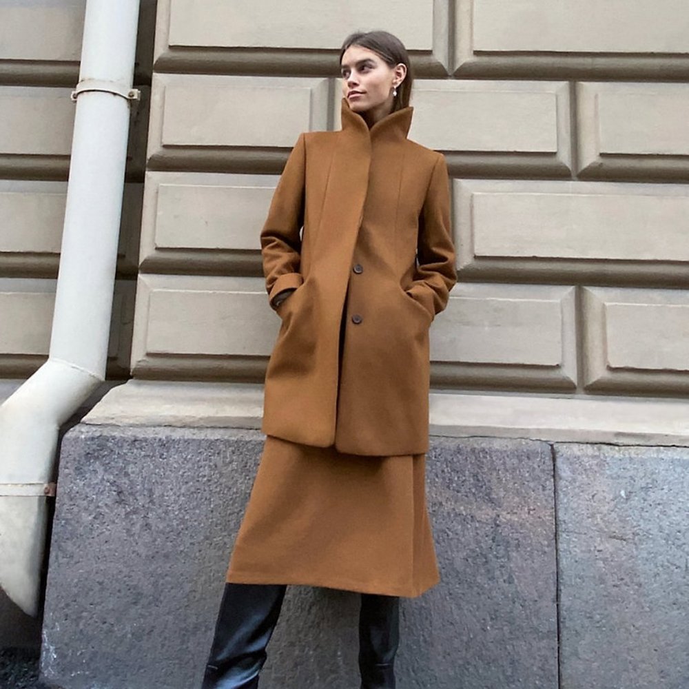 Womens Brown Single-Breasted Wool Coat